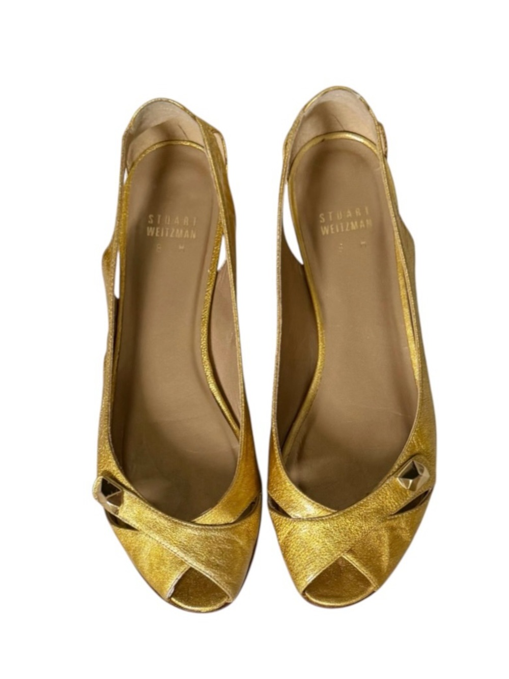 Stuart Weitzman Gold Leather Peep Toe Cutout Mini Wedge Essential Flats 8M w/Box